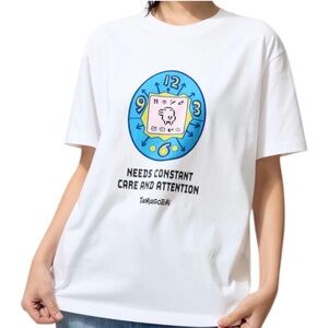 Uniqlo White Short-Sleeve Tamagotchi Graphic Tee with Blue and Yellow Print new